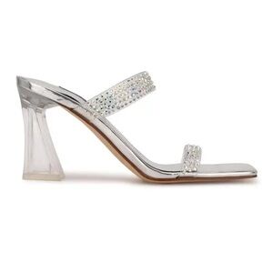 Nine West Silver Rhinestone Two‑Strap Clear Heel Mules